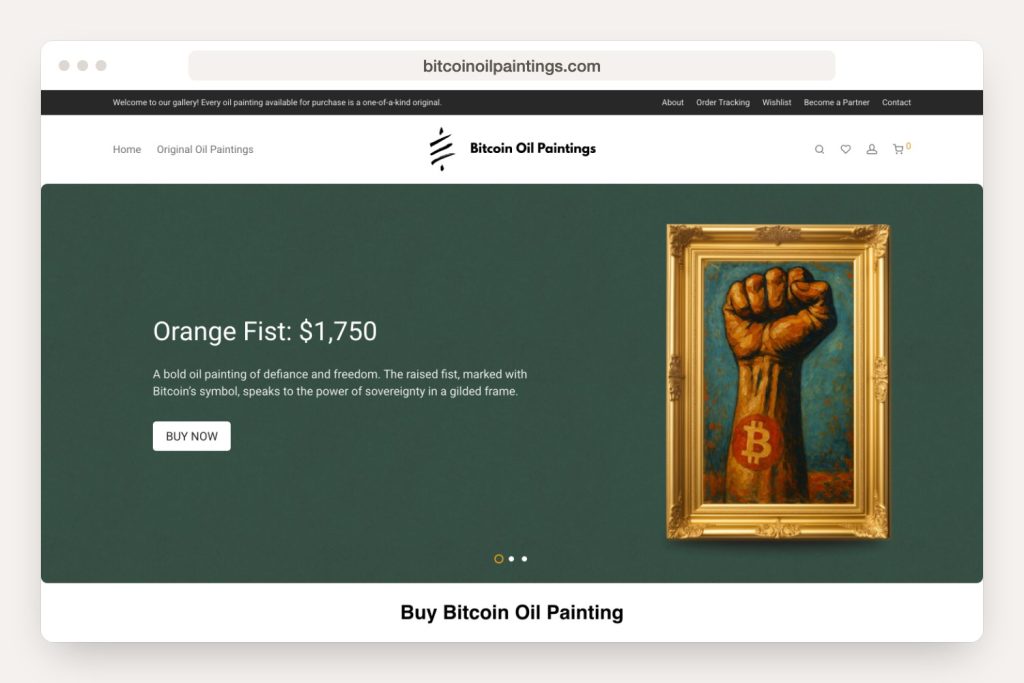 bitcoinoilpaintings.com landing page seen in a desktop browser