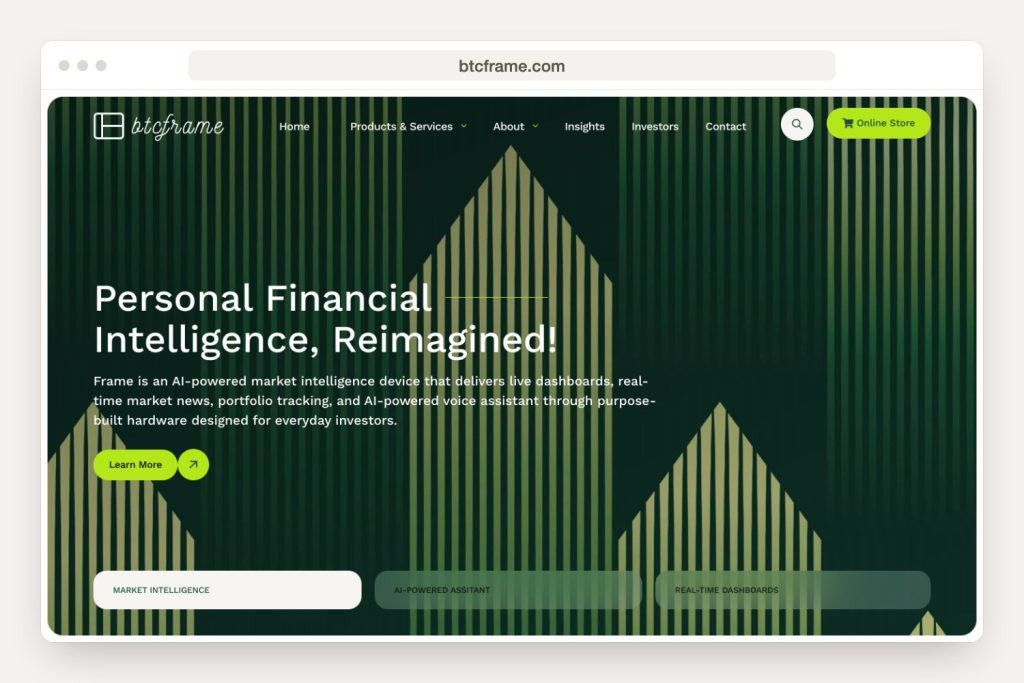 btcframe.com landing page seen in a desktop browser