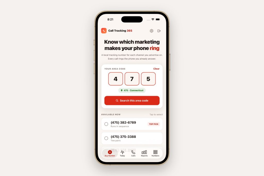 Gold colored iPhone open to the Call Tracking 365 app