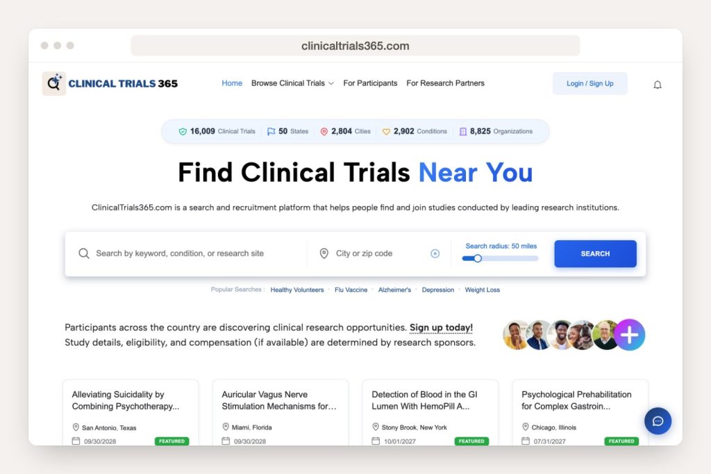clinicaltrials365.com landing page seen in a desktop browser