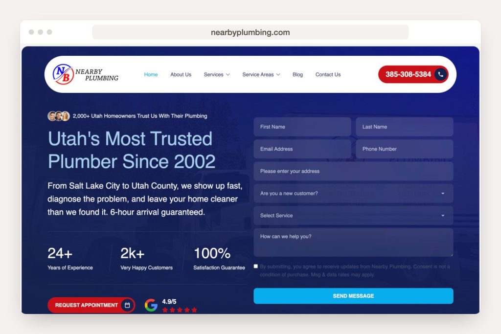 nearbyplumbing.com landing page seen in a desktop browser