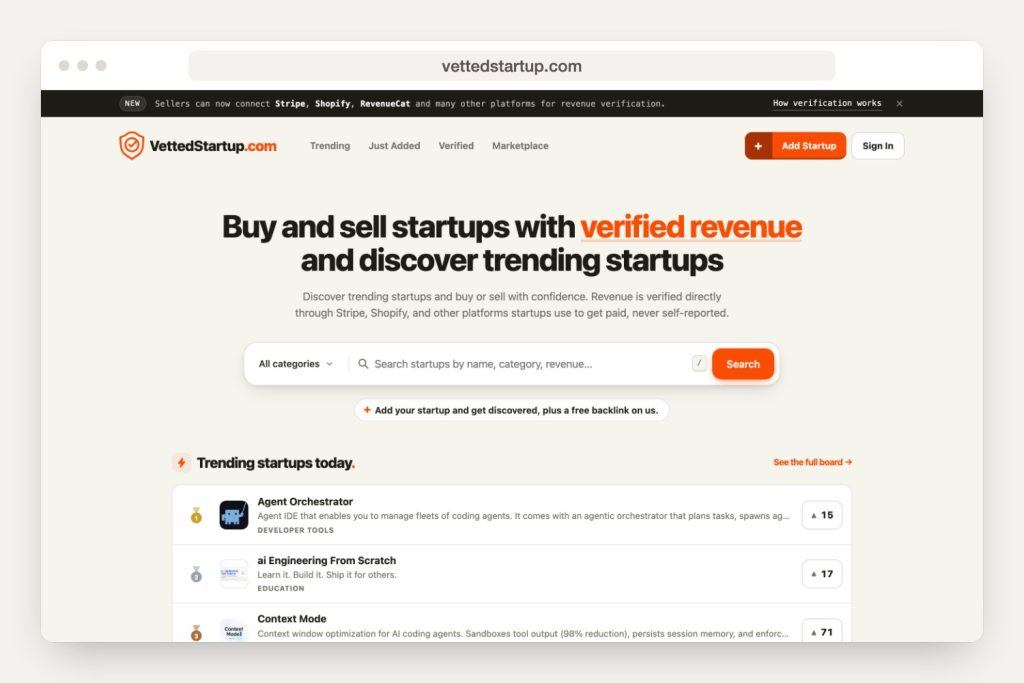 vettedstartup.com landing page seen in a desktop browser