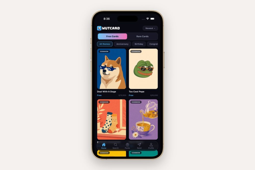 Gold colored iPhone open to the WUTCARD app